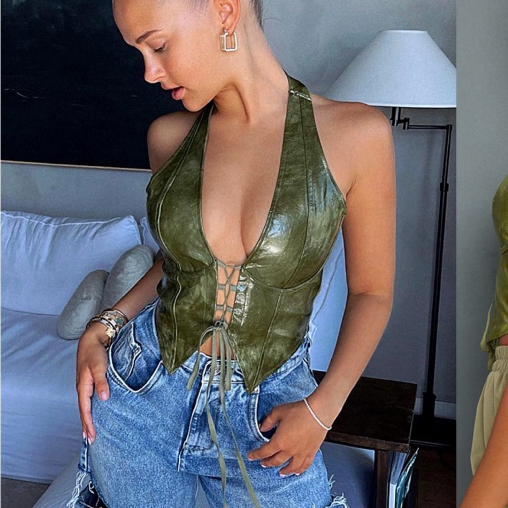 PrettyLittleThing Olive Faux Leather Halter Top